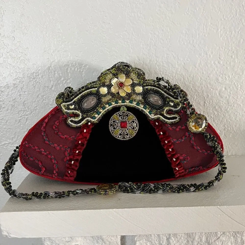 Vintage retro Mary Frances burgundy velvet embellished goth evening Y2K bag